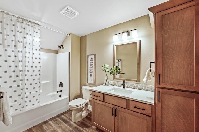 18096 N Morton Ct, Colbert, WA 99005 - bathroom featuring wood finished floors, shower / bath combo with shower curtain, vanity, and lofted ceiling