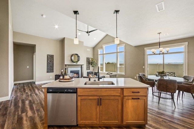 18096 N Morton Ct, Colbert, WA 99005 - kitchen featuring dishwasher, open floor plan, dark wood-style floors, healthy amount of natural light, and high vaulted ceiling