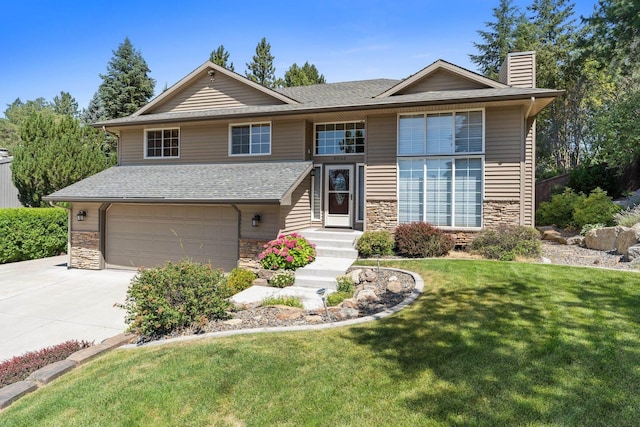 8603 E Columbia Park Dr, Spokane Valley, WA 99212 - view of front of property with stone siding, concrete driveway, a front yard, a chimney, and a shingled roof