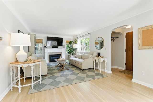 914 E 17th Ave, Spokane, WA 99203 - living room with wood finished floors, arched walkways, a glass covered fireplace, and crown molding