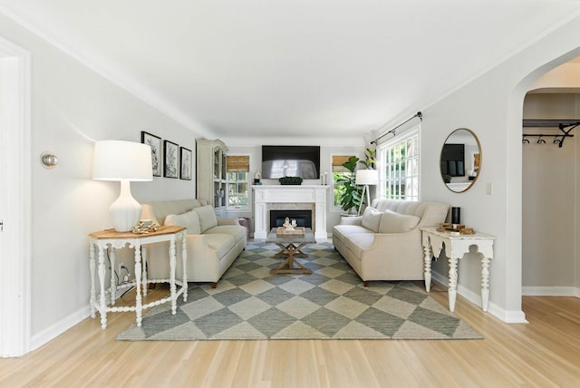 914 E 17th Ave, Spokane, WA 99203 - living room with arched walkways, wood finished floors, and a glass covered fireplace