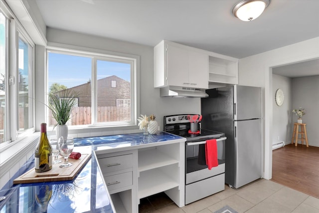 5704 N Milton St, Spokane, WA 99205 - kitchen with electric range oven, under cabinet range hood, open shelves, and white cabinetry