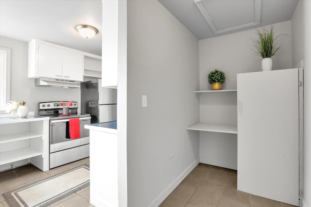 5704 N Milton St, Spokane, WA 99205 - kitchen with white electric stove, under cabinet range hood, open shelves, and light tile patterned flooring