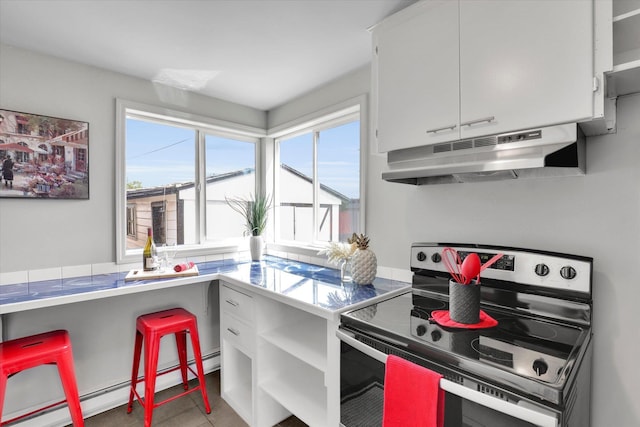5704 N Milton St, Spokane, WA 99205 - kitchen with stainless steel electric range, under cabinet range hood, a baseboard heating unit, white cabinetry, and open shelves