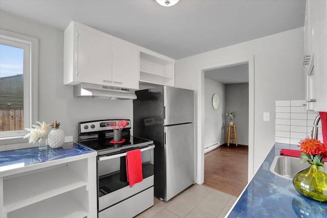 5704 N Milton St, Spokane, WA 99205 - kitchen featuring electric range oven, under cabinet range hood, baseboard heating, stainless steel counters, and white cabinets