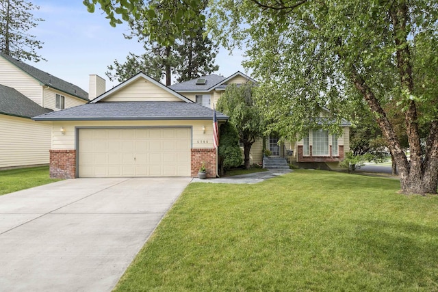 5706 W Excell Ave, Spokane, WA 99208 - view of front facade featuring brick siding, a front yard, an attached garage, driveway, and a shingled roof