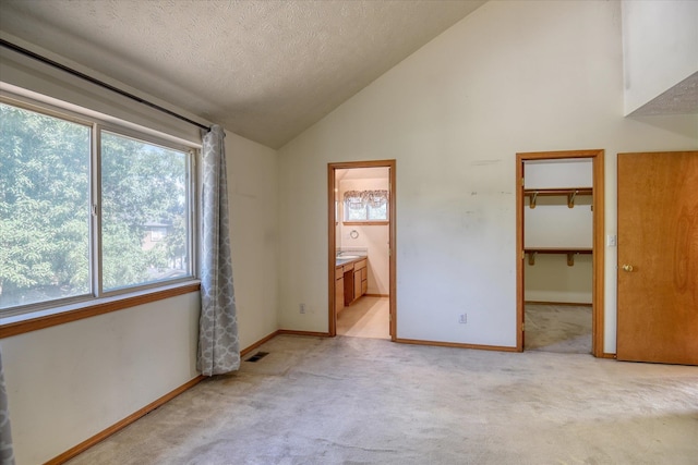 6919 N Pine Rock Pl, Spokane, WA 99208 - unfurnished bedroom featuring light colored carpet, a spacious closet, high vaulted ceiling, a textured ceiling, and ensuite bath