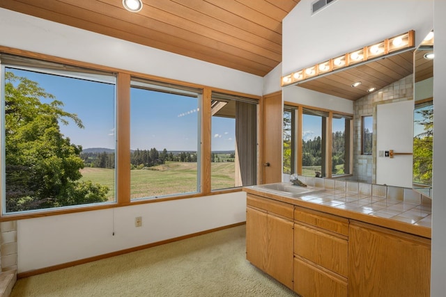 6624 S Ben Burr Rd, Spokane, WA 99223 - bathroom with vaulted ceiling, vanity, wood ceiling, and recessed lighting