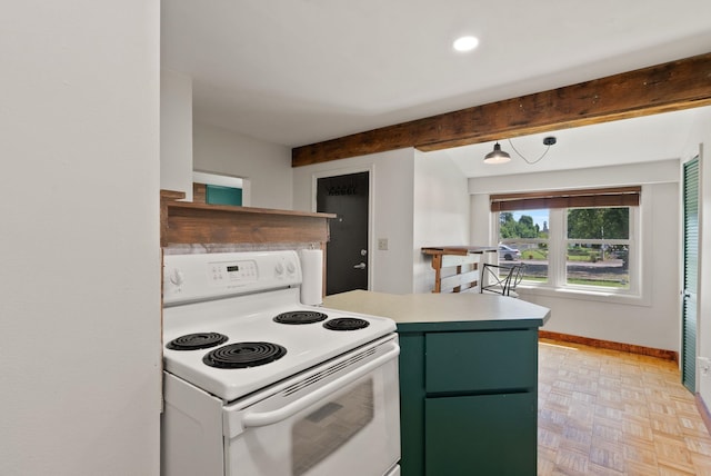 2815 N Bowman Rd, Spokane Valley, WA 99212 - kitchen featuring white range with electric stovetop, green cabinets, light countertops, beam ceiling, and recessed lighting