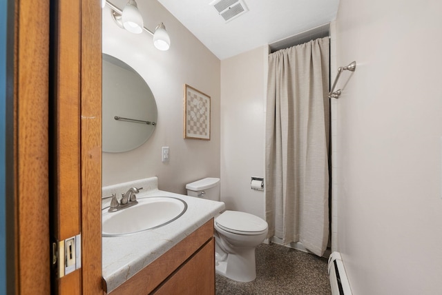 12524 E 20th Ave, Spokane Valley, WA 99216 - bathroom featuring vanity, a baseboard radiator, and curtained shower