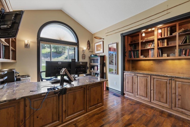 5106 E Glennaire Dr, Spokane, WA 99223 - office area with lofted ceiling and dark wood-style floors