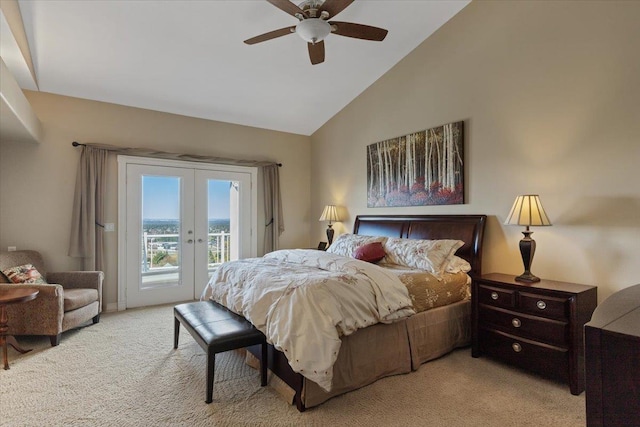 5106 E Glennaire Dr, Spokane, WA 99223 - bedroom with access to exterior, carpet floors, french doors, high vaulted ceiling, and ceiling fan