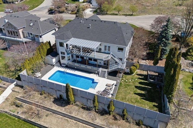 5106 E Glennaire Dr, Spokane, WA 99223 - rear view of house with a fenced backyard, stairs, a pergola, a wooden deck, and a patio area
