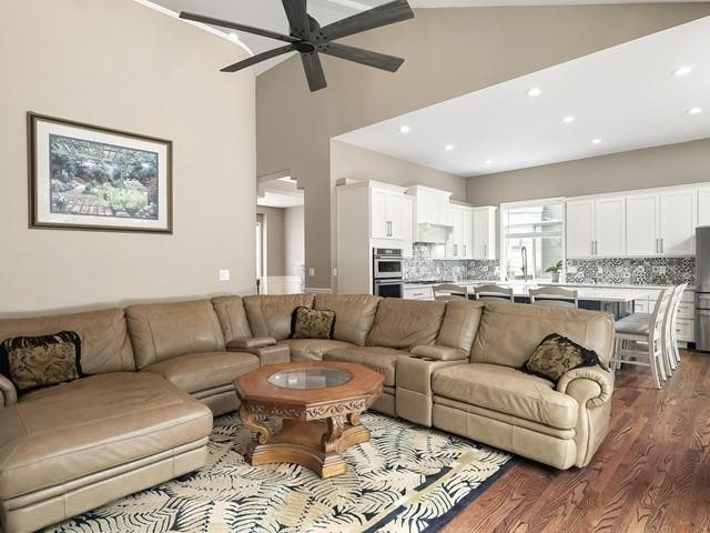 4332 S Greystone Ln, Spokane, WA 99223 - living room with dark wood-type flooring, a ceiling fan, high vaulted ceiling, and recessed lighting