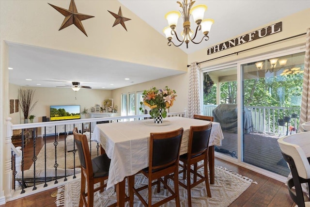 5808 N Hermosa Cir, Otis Orchards, WA 99027 - dining area featuring a chandelier, wood-type flooring, lofted ceiling, and recessed lighting