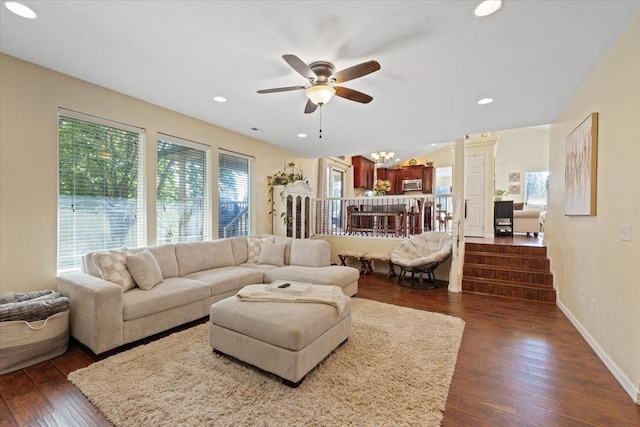 5808 N Hermosa Cir, Otis Orchards, WA 99027 - living room featuring plenty of natural light, a ceiling fan, dark wood-type flooring, a chandelier, and recessed lighting