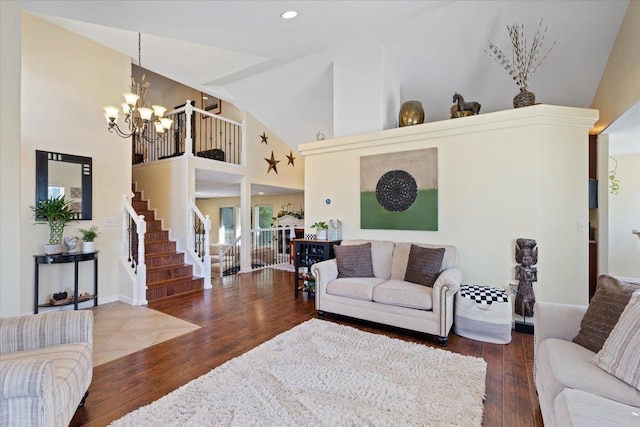 5808 N Hermosa Cir, Otis Orchards, WA 99027 - living room with hardwood / wood-style flooring, a chandelier, stairway, high vaulted ceiling, and recessed lighting