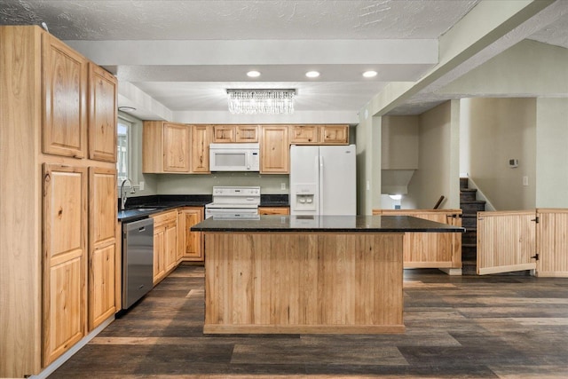415 E Shiloh Hills Dr, Spokane, WA 99208 - kitchen featuring white appliances, dark wood-style floors, recessed lighting, light brown cabinetry, and a kitchen island