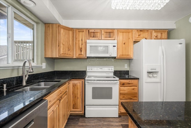 415 E Shiloh Hills Dr, Spokane, WA 99208 - kitchen featuring white appliances, dark wood-style floors, and dark stone counters