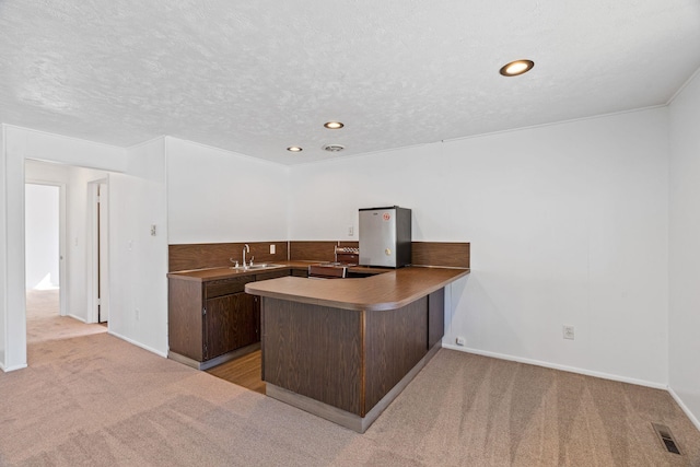 5504 N Post St, Spokane, WA 99205 - kitchen featuring a peninsula, light carpet, appliances with stainless steel finishes, dark brown cabinets, and recessed lighting