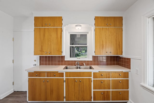 5504 N Post St, Spokane, WA 99205 - kitchen featuring tasteful backsplash, brown cabinets, light countertops, and dark wood finished floors