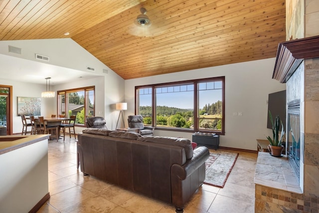 7814 S Ellis Rd, Spokane, WA 99223 - living area with vaulted ceiling, light tile patterned floors, and wooden ceiling