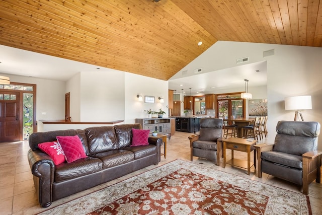 7814 S Ellis Rd, Spokane, WA 99223 - living area featuring plenty of natural light, wooden ceiling, high vaulted ceiling, light tile patterned flooring, and a wall mounted air conditioner