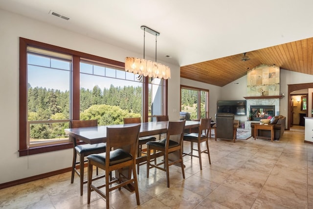 7814 S Ellis Rd, Spokane, WA 99223 - dining space with wood ceiling, lofted ceiling, a fireplace, and a chandelier