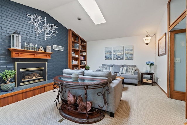 5321 Pinebrook Ct, Spokane, WA 99206 - carpeted living area featuring lofted ceiling, a skylight, a fireplace, and brick wall