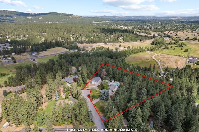 5321 Pinebrook Ct, Spokane, WA 99206 - aerial view of property and surrounding area with property parcel outlined and a mountain backdrop