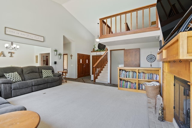5321 Pinebrook Ct, Spokane, WA 99206 - living room with high vaulted ceiling, carpet, a fireplace, a chandelier, and stairway