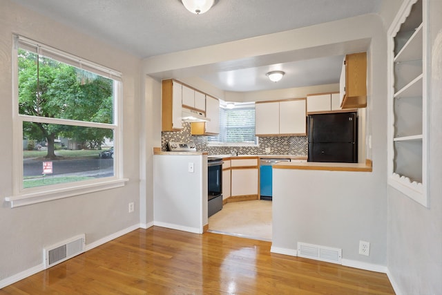 2509 W Upton Ave, Spokane, WA 99205 - kitchen with stainless steel electric range, freestanding refrigerator, dishwasher, under cabinet range hood, and tasteful backsplash
