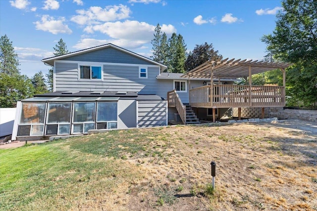 404 E Carriage Ct, Spokane, WA 99218 - back of house featuring a pergola, a sunroom, stairway, a deck, and a lawn