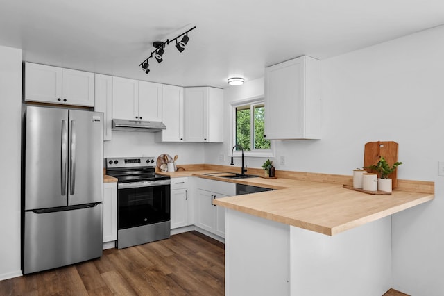 12024 E Buckeye Ave, Spokane Valley, WA 99206 - kitchen with appliances with stainless steel finishes, a peninsula, light countertops, under cabinet range hood, and white cabinets