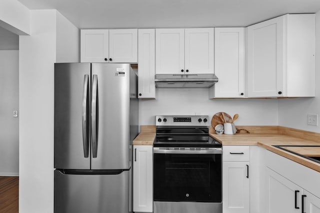 12024 E Buckeye Ave, Spokane Valley, WA 99206 - kitchen with appliances with stainless steel finishes, under cabinet range hood, white cabinetry, and wooden counters