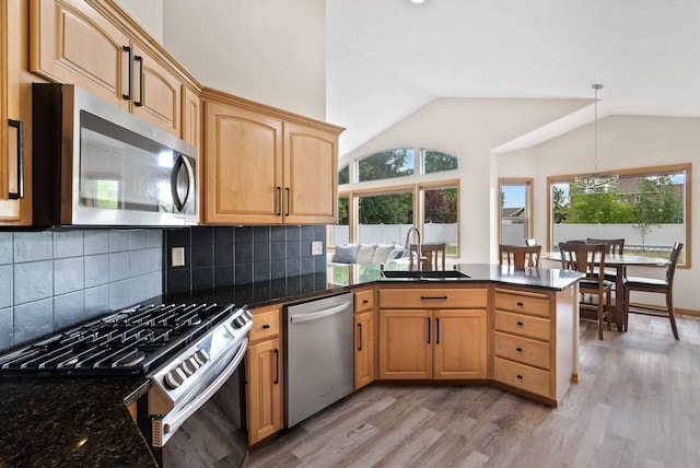 17110 E Daybreak Ln, Spokane Valley, WA 99016 - kitchen featuring stainless steel appliances, a peninsula, light wood-type flooring, healthy amount of natural light, and lofted ceiling