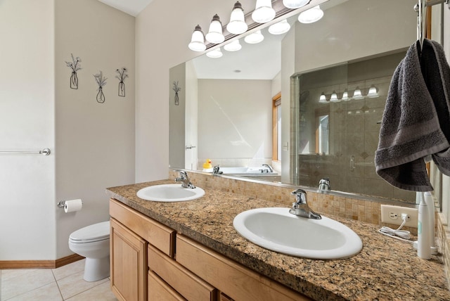 17110 E Daybreak Ln, Spokane Valley, WA 99016 - full bathroom featuring double vanity, a tile shower, tile patterned flooring, and a garden tub