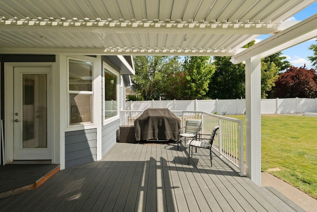 17110 E Daybreak Ln, Spokane Valley, WA 99016 - deck featuring area for grilling, a fenced backyard, and a pergola