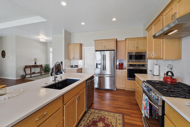 8510 N Jodi St, Spokane, WA 99208 - kitchen with appliances with stainless steel finishes, under cabinet range hood, dark wood-style floors, light countertops, and recessed lighting