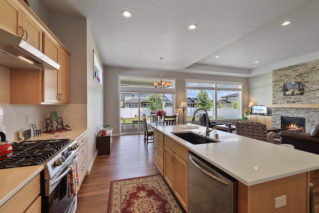 8510 N Jodi St, Spokane, WA 99208 - kitchen with appliances with stainless steel finishes, exhaust hood, dark wood finished floors, light countertops, and a stone fireplace