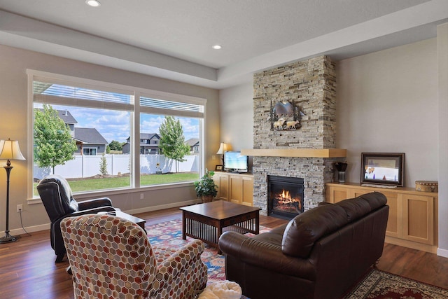8510 N Jodi St, Spokane, WA 99208 - living area featuring wood finished floors, a stone fireplace, and recessed lighting