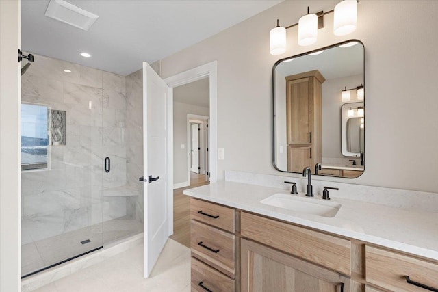 16931 E 16th Ln, Spokane Valley, WA 99037 - bathroom featuring a shower stall, vanity, recessed lighting, and tile patterned flooring