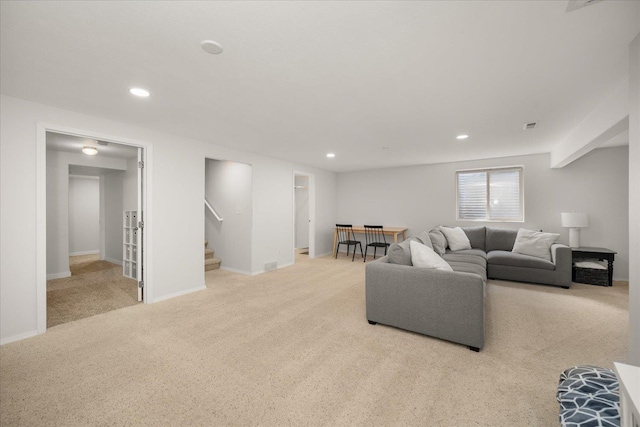 5916 S Division St, Spokane, WA 99224 - carpeted living room featuring stairway and recessed lighting