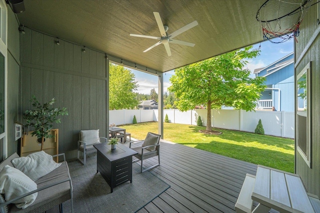 5916 S Division St, Spokane, WA 99224 - wooden deck featuring a fenced backyard, a ceiling fan, and an outdoor hangout area