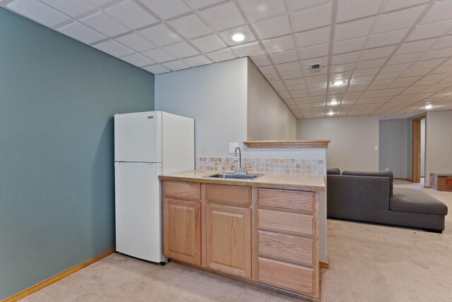 17813 N Lidgerwood St, Colbert, WA 99005 - kitchen featuring freestanding refrigerator, light colored carpet, open floor plan, recessed lighting, and light countertops