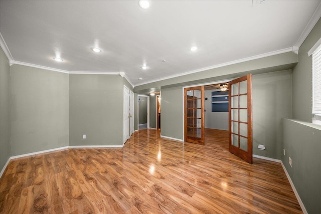 10002 W Richland Rd, Cheney, WA 99004 - empty room with french doors, ornamental molding, wood finished floors, recessed lighting, and a ceiling fan