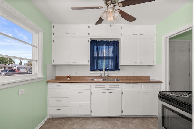 2608 E Heroy Ave, Spokane, WA 99207 - kitchen featuring electric stove, white cabinetry, a ceiling fan, and dark countertops