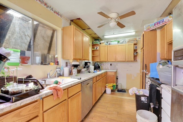 452 W 26th Ave, Spokane, WA 99203 - kitchen featuring open shelves, a ceiling fan, light wood-style flooring, light countertops, and light brown cabinets