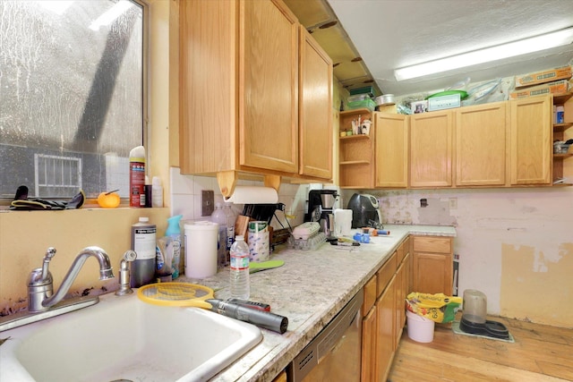 452 W 26th Ave, Spokane, WA 99203 - kitchen featuring open shelves, light countertops, dishwasher, and light wood-style flooring