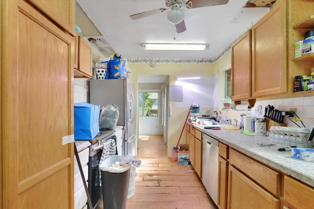 452 W 26th Ave, Spokane, WA 99203 - kitchen featuring light wood-style flooring, open shelves, light countertops, stainless steel appliances, and ceiling fan